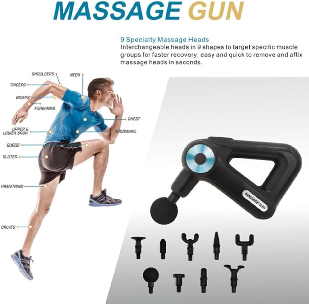 FitWell Deep Tissue Massage Gun – 9 Heads, Powerful Percussion Therapy for Muscle Recovery & Pain Relief 1 Year Warranty