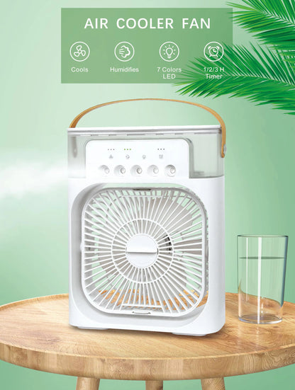 FitWell  Portable AC 3 Wind Speeds 600ml Air Humidifier 7s LED Night Light Personal Cooling Fan Air Cooler Ice Air Cooler Fan Sprays 5 Year Warranty Free