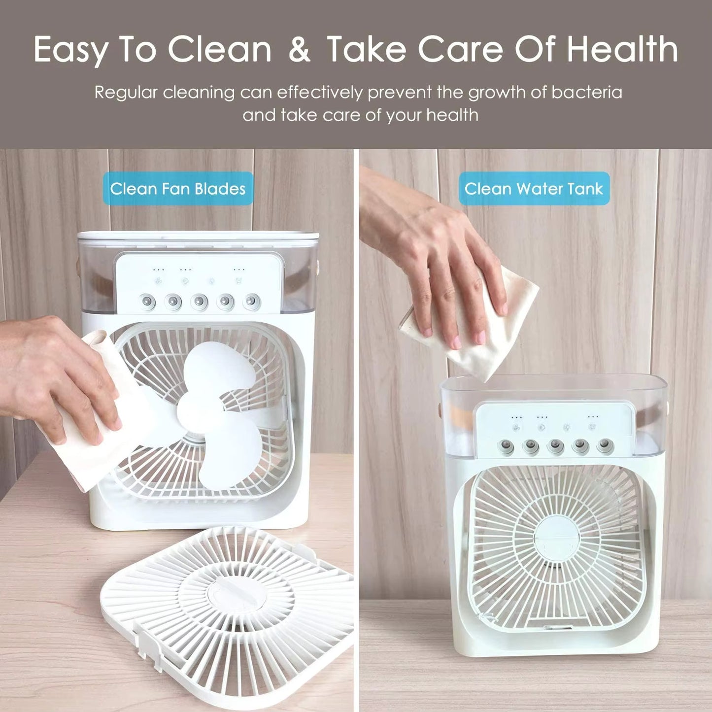FitWell  Portable AC 3 Wind Speeds 600ml Air Humidifier 7s LED Night Light Personal Cooling Fan Air Cooler Ice Air Cooler Fan Sprays 5 Year Warranty Free