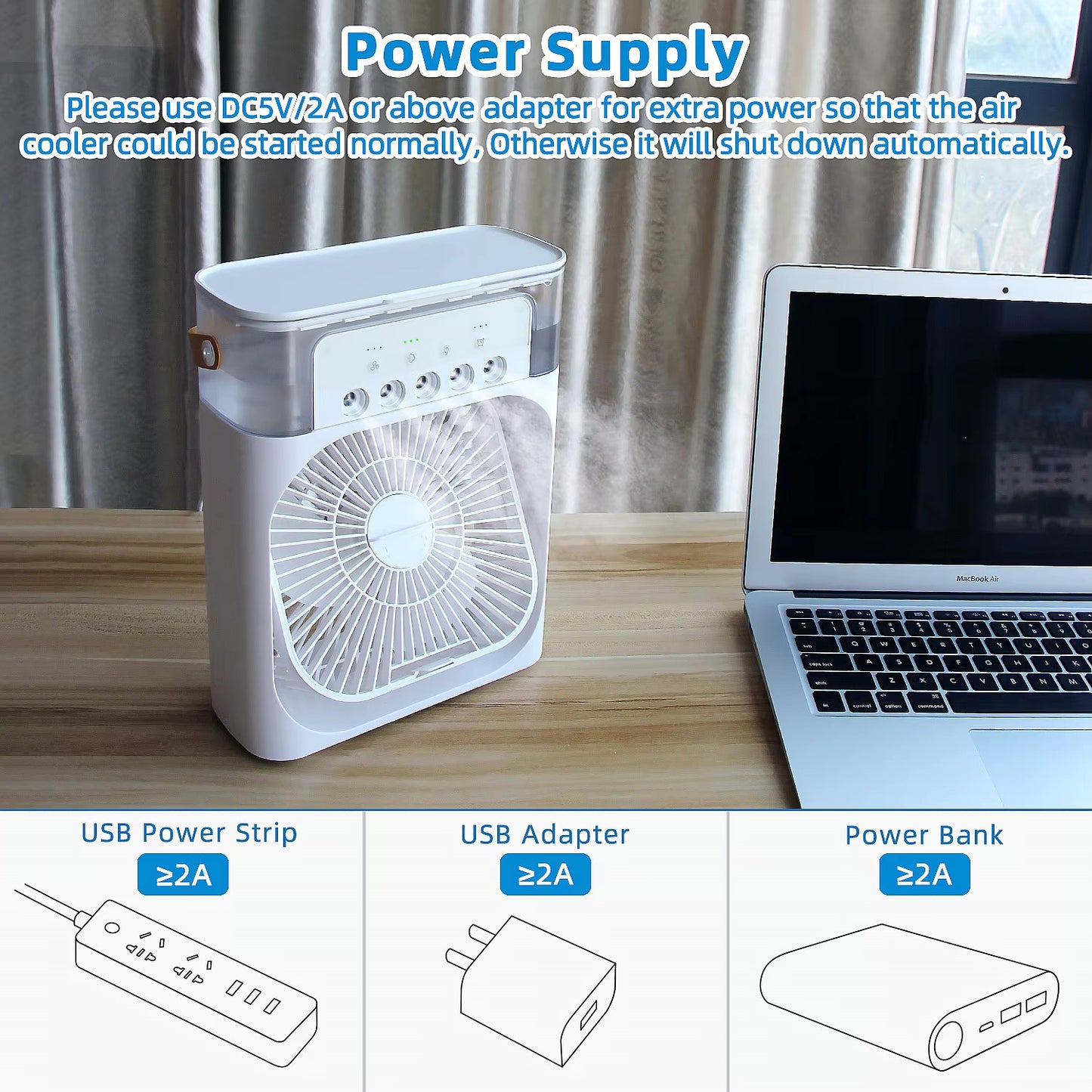 FitWell  Portable AC 3 Wind Speeds 600ml Air Humidifier 7s LED Night Light Personal Cooling Fan Air Cooler Ice Air Cooler Fan Sprays 5 Year Warranty Free