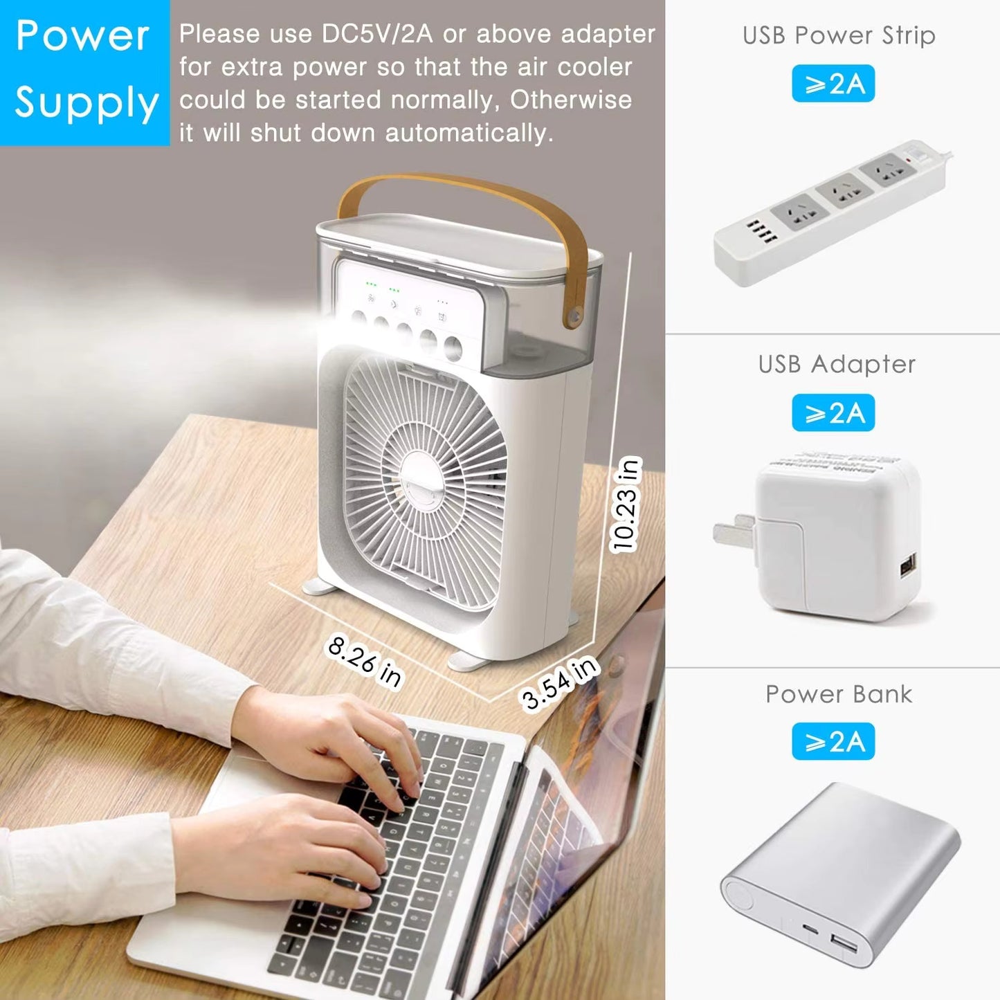 FitWell  Portable AC 3 Wind Speeds 600ml Air Humidifier 7s LED Night Light Personal Cooling Fan Air Cooler Ice Air Cooler Fan Sprays 5 Year Warranty Free