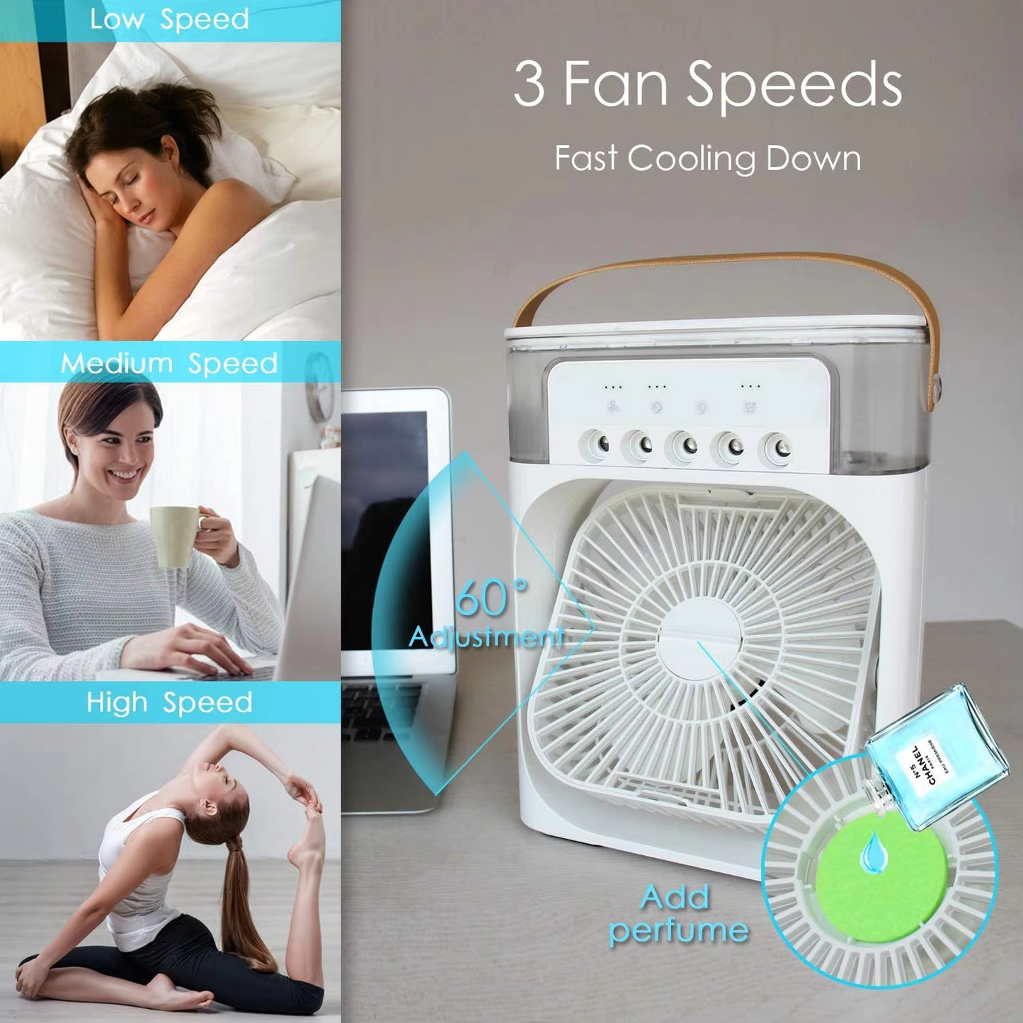 FitWell  Portable AC 3 Wind Speeds 600ml Air Humidifier 7s LED Night Light Personal Cooling Fan Air Cooler Ice Air Cooler Fan Sprays 5 Year Warranty Free