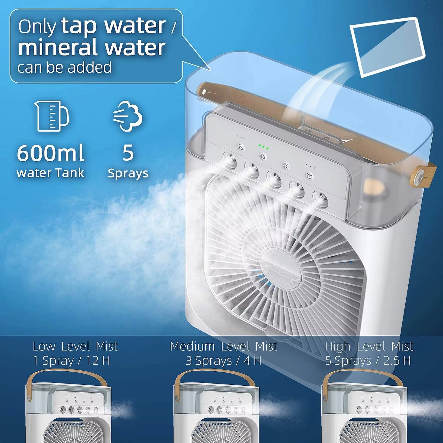 FitWell  Portable AC 3 Wind Speeds 600ml Air Humidifier 7s LED Night Light Personal Cooling Fan Air Cooler Ice Air Cooler Fan Sprays 5 Year Warranty Free